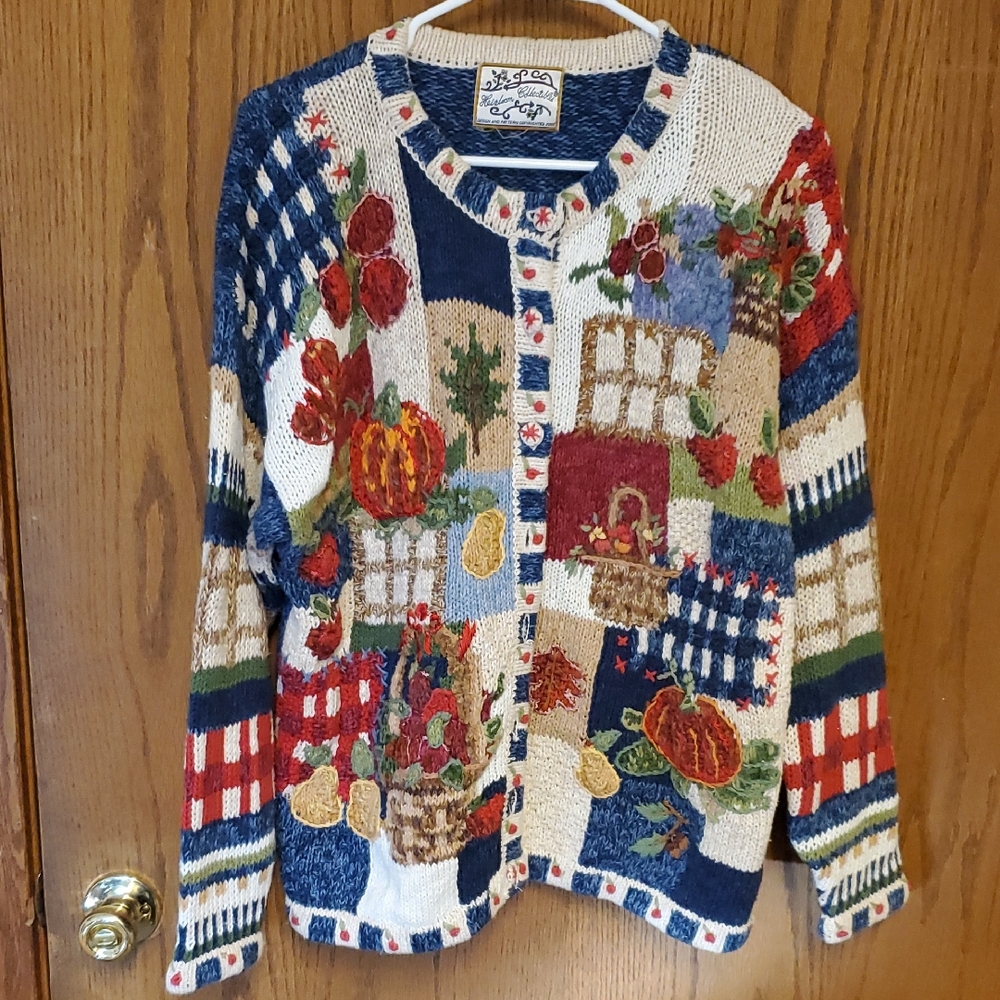 Vintage 90s Y2k Heirloom Collectibles Fall Leaves Pumpkins Gourds Cardigan